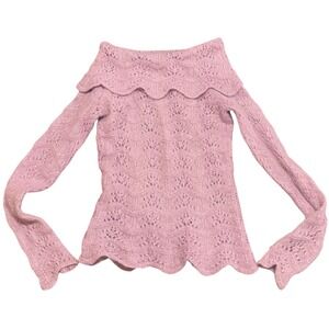 Vintage Lavender Mohair Wool Pointelle Scalloped Off Shoulder 90s Y2K Sweater XS
